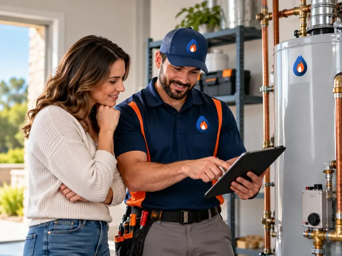 Schertz HeatCo technician explaining a water heater diagnosis to a homeowner
