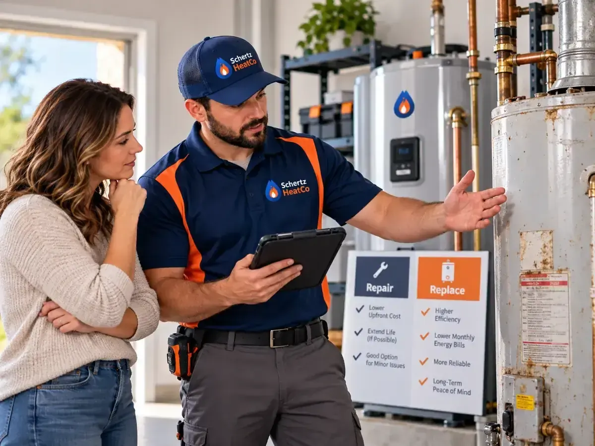 Technician discussing whether an older water heater should be repaired or replaced